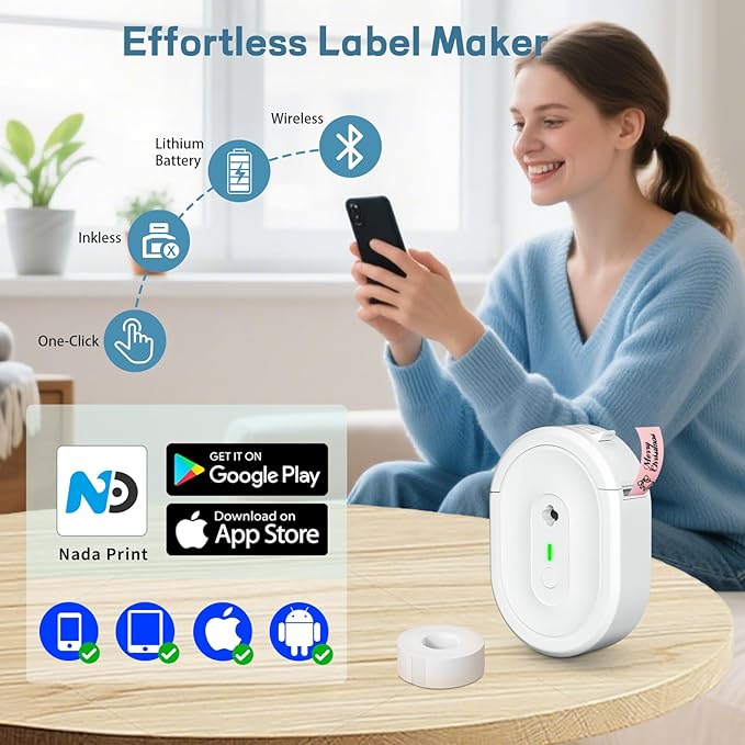Label Maker Machine with Tape, Small Portable Bluetooth Label Printer, Handheld Mini Labeler for Home, Kitchen, Office, Waterproof Label Makers for Labeling, Gift, Kids School Items, White