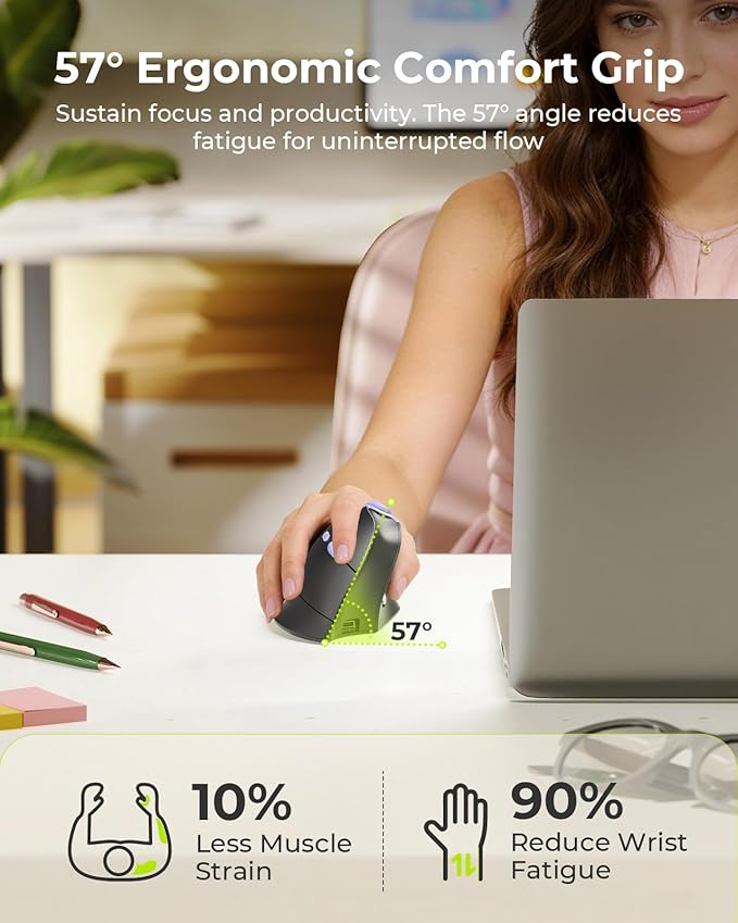 seenda Ergonomic Mouse Wireless, MOU-302 Bluetooth Vertical Mouse Rechargeable, Optical Mice with 1000/1600/2400 DPI, Volume Knob, 3 Multi-Device Connectivity for Computer/PC/Laptop/Mac, Black Purple