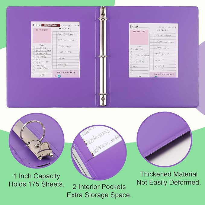 3 Ring Binder - 6 Pack, 1 Inch Binder with 2 Interior Pockets & Clear View Overlay, Large Capacity, Round Ring Binders for Office Supplies, School & Home (6 Colors, Rainbow Colors)