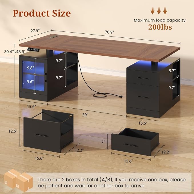 71 in Executive Standing Desk, Electric Height Adjustable Desk with Storage Drawers, Glass Cabinet, Shelves, Power Outlet, LED Light, Wood Sit Stand up Computer Desks for Home Office (Black)