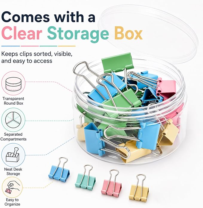 Binder Clips Assorted Sized, Metal Clips for Office, 60 Psc | 1 Box of Colored Paper clips and Binder Clips, Cute Office Supplies, Desk Accessories, Black, Colorful