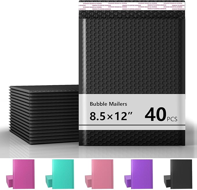 8.5 x 11 Inch Bubble Mailer 40 Pack, Waterproof Padded Envelopes with Strong Self-Seal Adhesive, Cushioning Shipping Bags with Bright Color for Small Business - Black
