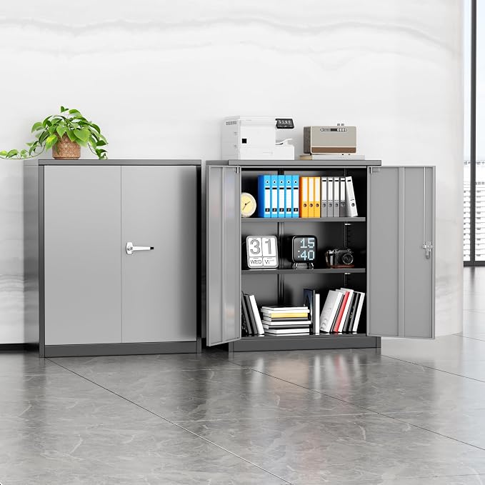 Metal Garage Storage Cabinet, 36" Locking Counter Cabinet with 2 Locking Doors and 2 Adjustable Shelves, Small Steel Cabinet for for Home Office, Gym, School(New Grey)