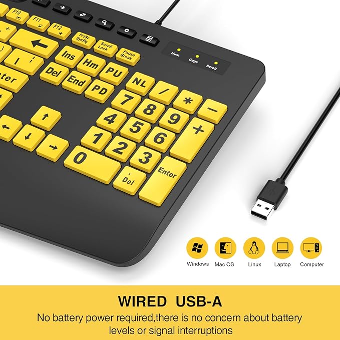 SABLUTE Large Print Keyboard Wired Computer Keyboards with Wrist Rest, Phone Holder, Big Letters Easy to Read Compatible Windows, Desktop, Laptop, Yellow