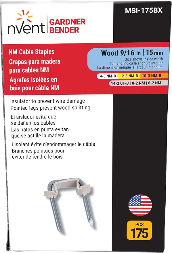 Gardner Bender MSI-75BX 9/16 in (14 mm), Metal Staple w/Polyethylene Insulated Strap, 3 Cond #14, #12, #10 NM, Tan, (100-Box)
