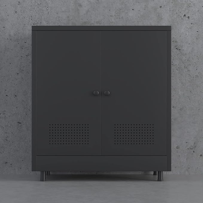 Metal Storage Cabinet with 2 Doors and Adjustable Shelf, Steel Accent Sideboard Buffet Cabinet for Home, Office, Garage, Entryway, Living Room, Kitchen Pantry and Dining Room (Black)