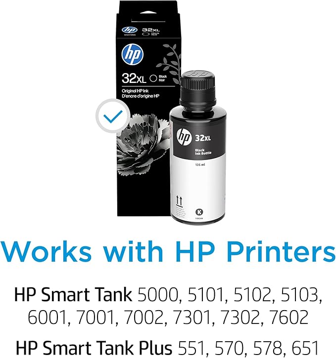 HP 32XL | Ink Bottle | Black | Up to 6000 Pages per Bottle| Works Smart Tank Plus 651 and Smart Tank Plus 551 | 1VV24AN | Packaging May Vary