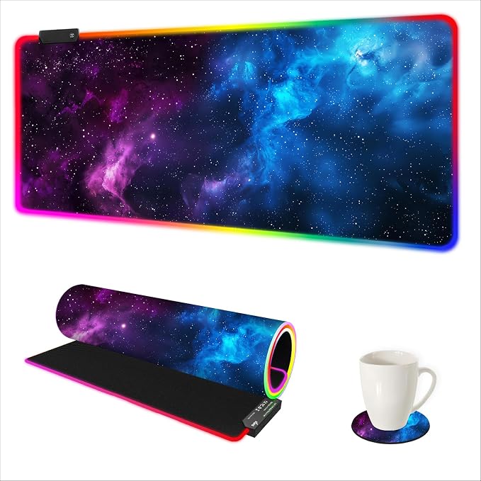 RGB Mouse Pad Led,XXL Large Mouse Pad Purple Blue Starry Nebula, Big Mouse mat Computer Mousepad with 14 Light Modes, 35.4 x15.7 Inch Keyboard Mat