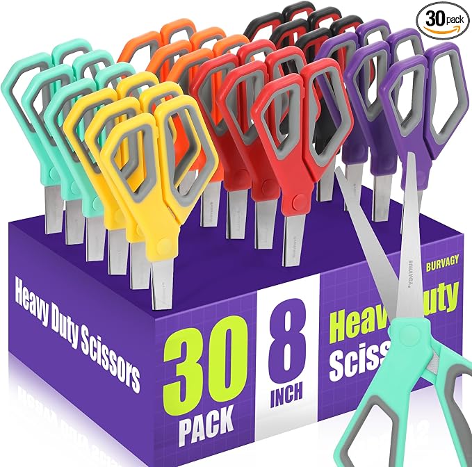 BURVAGY 30 Pack 8" Scissors All Purpose, Heavy Duty Scissors for Office | Scissors Bulk Multipurpose Comfort-Grip Sharp Adult Office Scissors Set Sewing Fabric Stainless Steel Blades, Right/Left Hand