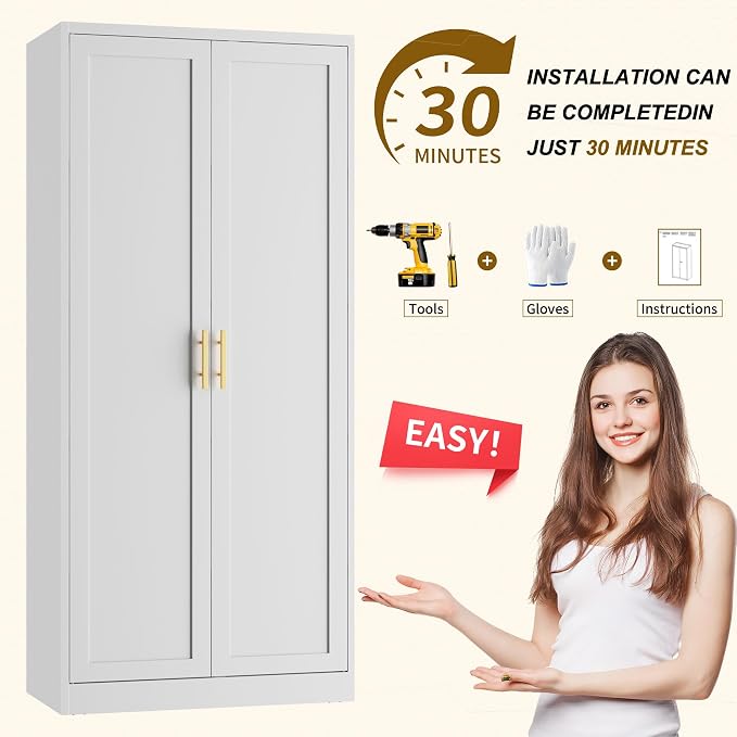 BESFUR 71" Tall White Kitchen Pantry Cabinet, Metal Food Storage Cabinet with 4 Adjustable Shelves, Freestanding Cupboard with Doors for Kitchen, Dining Room, Living Room, Bathroom, Laundry Room