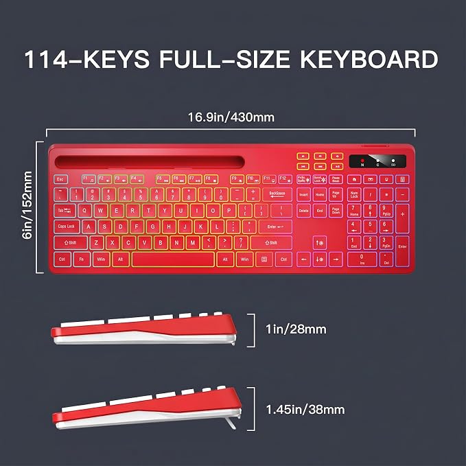 Soueto Wireless Keyboard with 7-Color RGB Backlit, Full-Size Computer Keyboard with Phone Tablet Holder, 2.4G Rechargeable Gaming Keyboard with Light Up Keys, Compatible with Mac, Windows (Red)