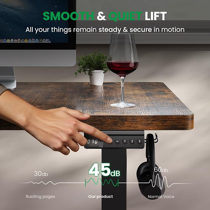 Brown 63x30 in Electric Standing Desk, 1 Inch Thick Tabletop | Double Beam Frame, Holds 220lbs, Sit Stand, 3 Memory Height Adjustment, Extra Deep Table Top, Black Frame