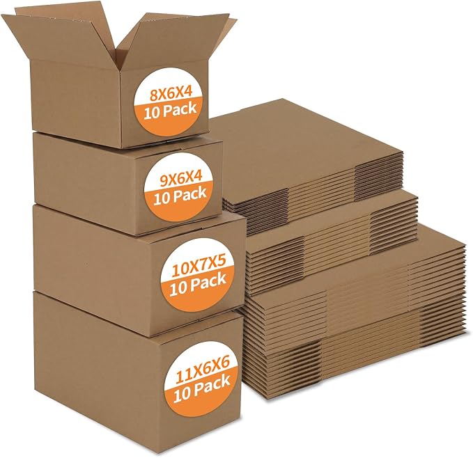 Hoikwo 40 Packs Shipping Boxes Mixed Sizes | 10 PCS Each of 11x6x6, 10x7x5, 9x6x4, 8x6x4 Brown Cardboard Box for Small Business Packaging and Mailing