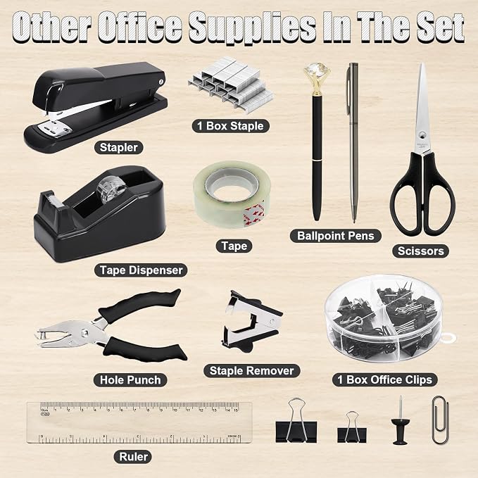 13-in-1 Office Desk Organizer Set for Back to School Supplies Accessories | Organizer Set with Stapler and Tape Dispenser, Pen Holder, Scissors, Ruler, Hole Punch, 2 Pens & More Desk Supplies