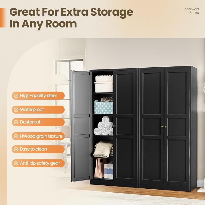Metal Storage Cabinet with 2 Doors and 4 Adjustable Shelves - 71" Black Kitchen Pantry Storage Cabinet, 4-Tier Tall Steel Cabinet Locker for Kitchen, Living Room, Dining Room