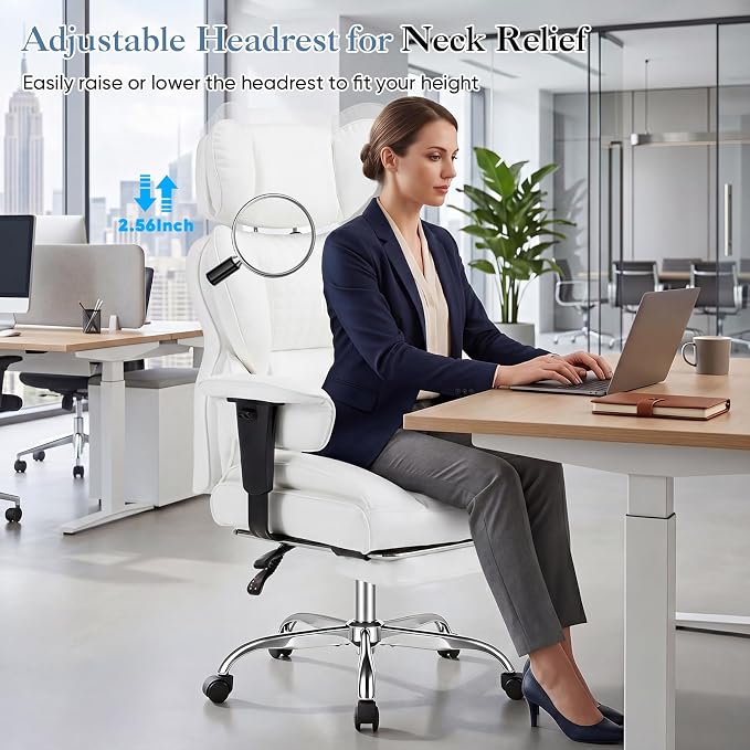 DUMOS Big and Tall Home Office Desk Chair, Executive Chair with Footrest | PU Leather, Ergonomic Comfy Lumbar Support, High Back Reclining, Adjustable Armrests, White
