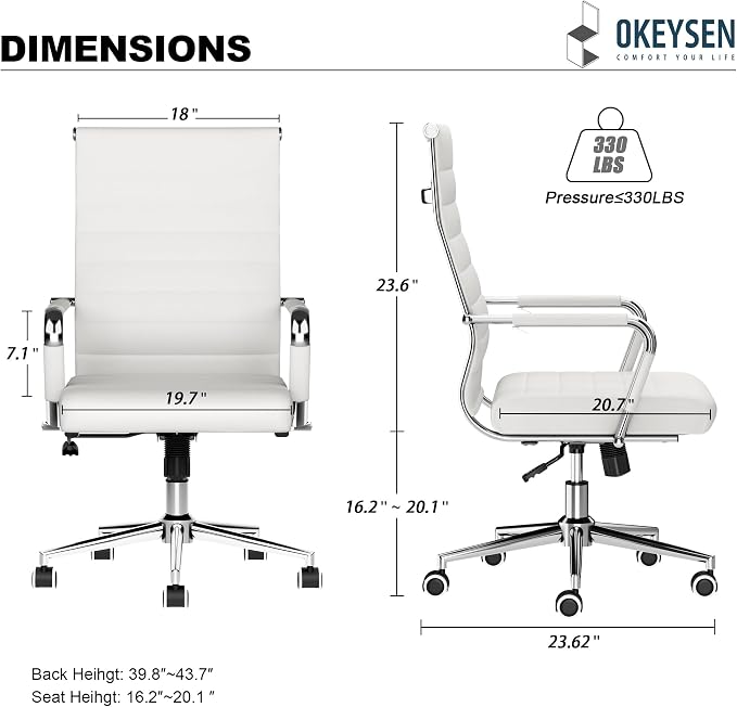 Okeysen Office Desk Chair, Ergonomic Leather Modern Conference Room Chairs, Executive Ribbed Height Adjustable Swivel Rolling Chair for Home Office Set of 4. (White)