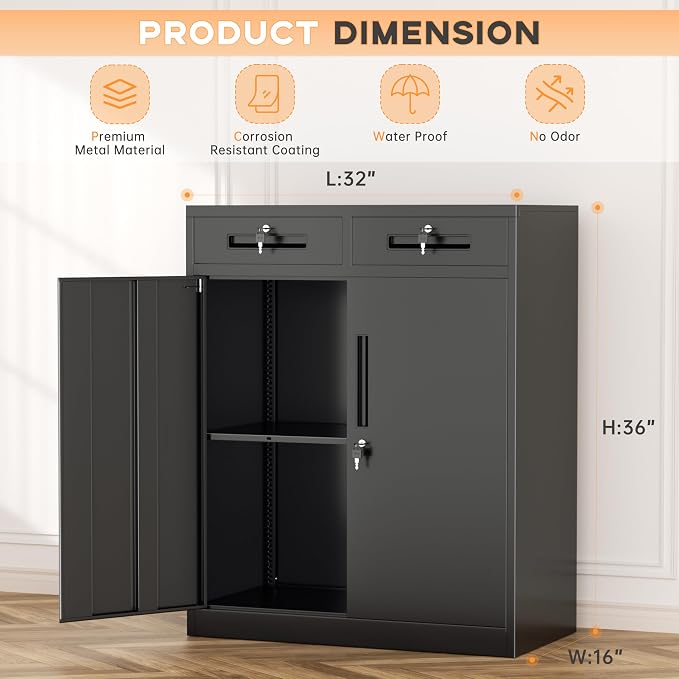 Metal Garage Storage Cabinets with Lock,Steel Storage Cabinet with Drawer and 2 Adjustable Shelves, Small Lockable Office Steel Cabinet for Home, Warehouse, School, Black
