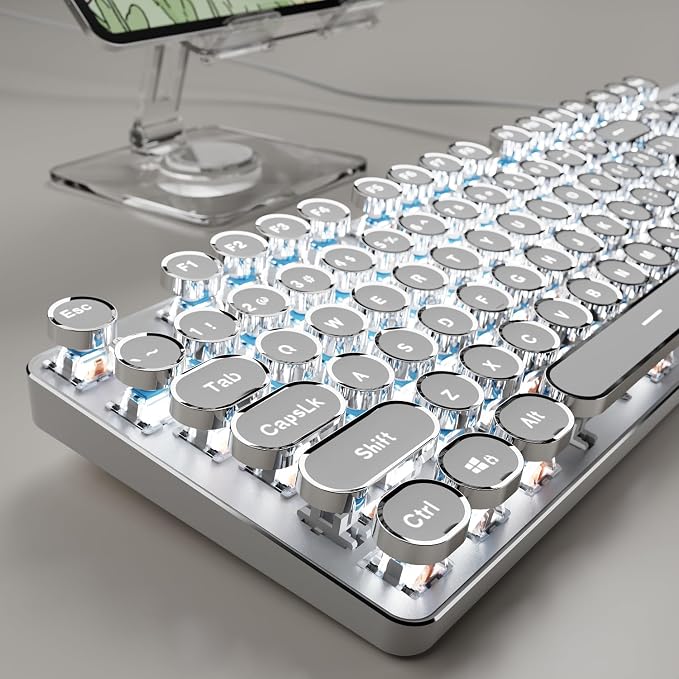 Wired Typewriter Style Mechanical Gaming Keyboard with White Backlit-White | Retro Punk Round Keycaps, Metal Panel, Clicky Blue Switch, 104 Keys Full Size Desk Setup for Windows PC, Mac, Desktop, Laptop