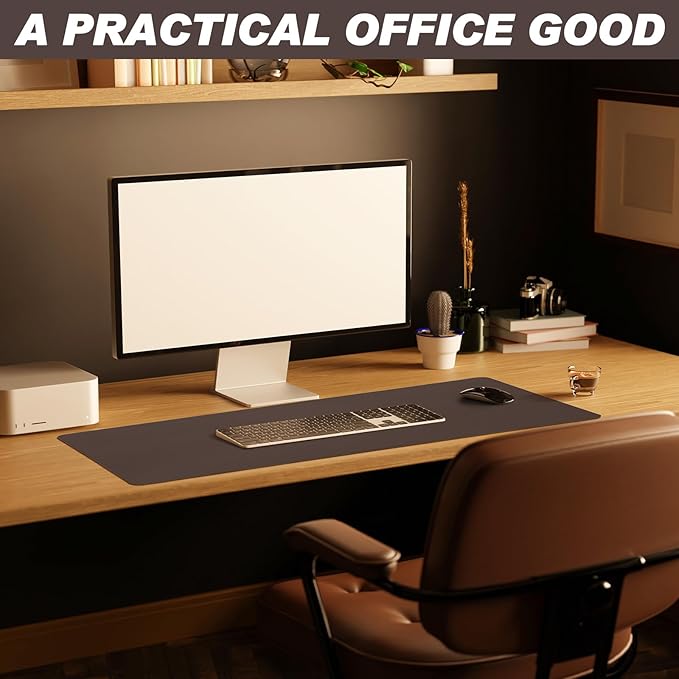 Tegeme Leather Desk Mat Large Desk Pad 35.4 x 15.7 Inch Non Slip Table Protector with Stitched Edges and Rubber Base Dark Brown Stylish Workspace Accessory Laptop Mat Smooth Writing for Home Office