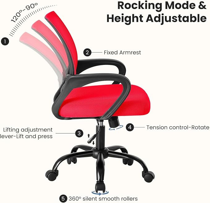 DUMOS Ergonomic Office Chair, Mid-Back Executive Desk Chair 2 Pack | Comfortable Lumbar Support, Breathable Backrest, Fixed Armrest, Height Adjustable, 360° Swivel, Computer Gaming, Red