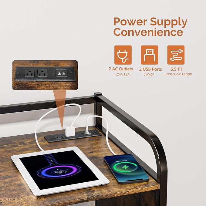 VINGLI Multifunctional Printer Stand with Trolley, Paper Shredder Stand Rack with Wheels, Lateral Office Storage Cabinets with Socket and USB Charging Port, Open Shelves for Home Office, Rustic Brown