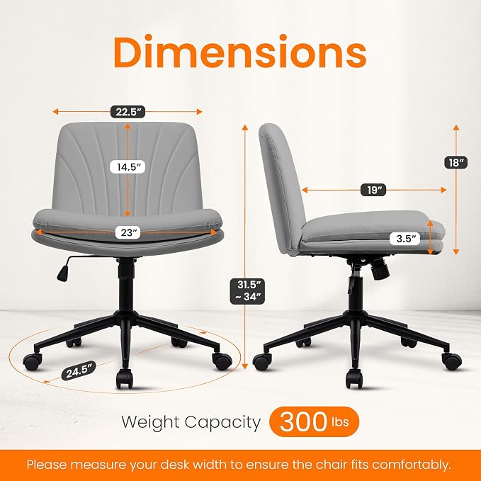NEO CHAIR Criss Cross Chair with Wheels Armless Cross Legged Office Desk Wide Comfy Vanity Makeup Chair Adjustable Swivel Rolling Computer for Home Office PU Leather (Grey) | Cross-Legged Friendly, Height Adjustable with 360° Swivel, Smooth Rolling Whe...