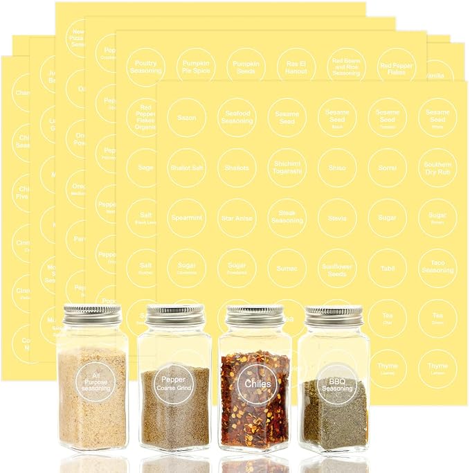 Spice Labels, 432Pcs Spice Labels Stickers 1.4in Waterproof Adhesive Round Preprinted Spice with Blank Label Tear Resistant Sticker for Kitchen Jars Caps Food Containers Organizers (Transparent)