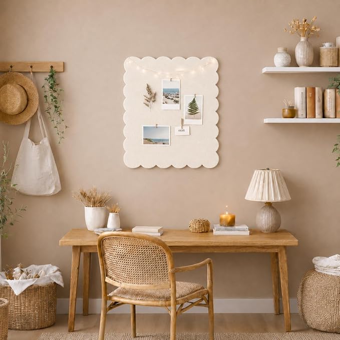 Scalloped Felt Bulletin Board 24 x 18 Inches (Warm Beige) | Decorative Wall Pin Board for Dorm, College & Bedroom, Memo Board for Photos, Notes & Study Display