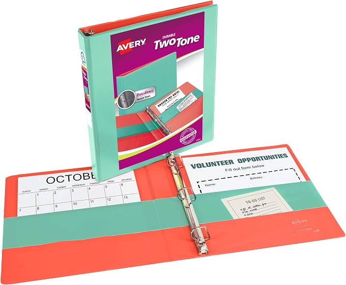 Avery® Two-Tone 3 Ring Binder, 1" Slant Rings, 1 Mint/Coral Binder | For Daily School and Home Use, DuraHinge Tear-Resistant Spine, DuraEdge Split-Resistant Sides, Four Interior Pockets