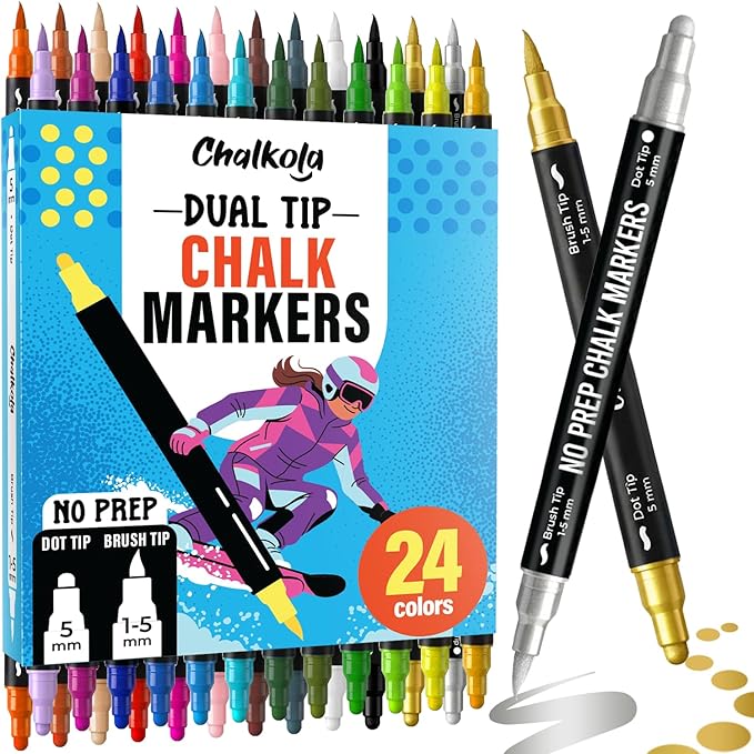 Chalkola Dual Tip Chalk Markers for Blackboard - (24 Colors, Dot + Brush Tip, No Pumping) | Erasable Liquid Chalk Markers for Chalkboard, Glass, Car Window, Mirror - Washable Water Based Ink Pen