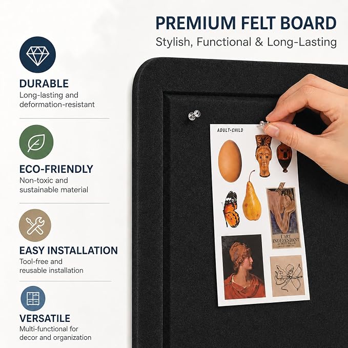 Felt Bulletin Board for Wall 36" x 24" Unfolded Size, Frameless Felt Pin Board, Soft Cork Board Alternative for Office, Home Planning, Notes, Photos & Wall Decor, Foldable Shipping, Easy Install