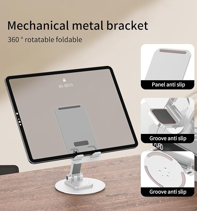 360° Rotating Cell Phone Stand for Desk (White, K39B) | Adjustable & Foldable Phone Holder, Aluminum Desktop Phone Stand with Anti-Slip Base, Phone Holder for Desk