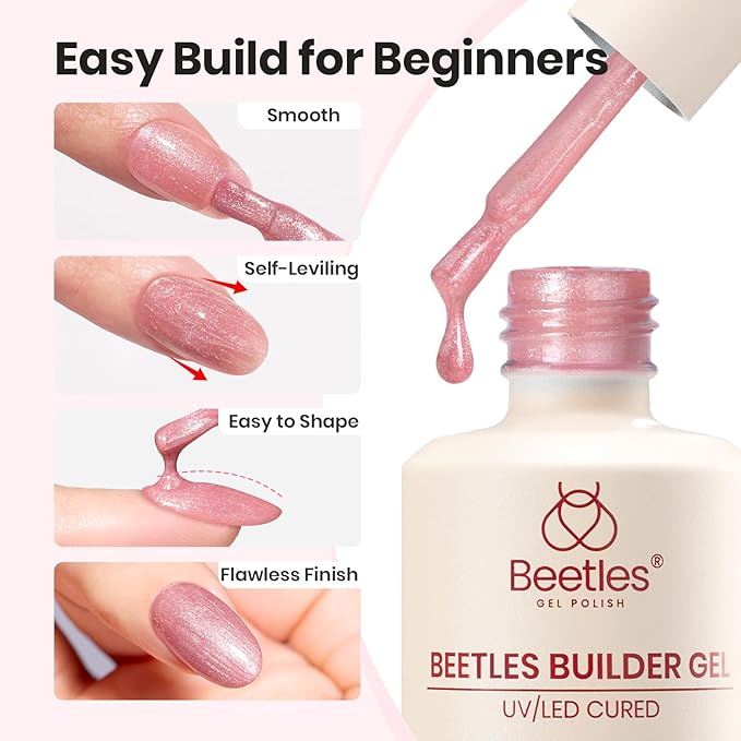 Beetles Builder Gel Set with Nail Dehydrator and Primer,Base Top Coat,Rosy Dew-Pink & Glitter Pink for Nails Extension & Apex Strengthening, Thickening Weak Nails, DIY UV Nail at Home for Beginners