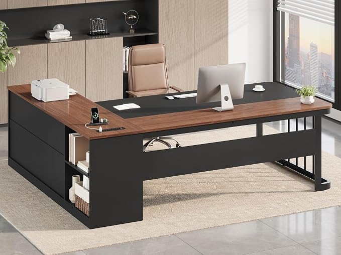 71" Executive Desk, Large Office Desk with Drawers & Storage Shelves, Modern L Shaped Computer Desk Corner Desk with Power Outlets, File Cabinet, Business Furniture Desk Workstation (Walnut)