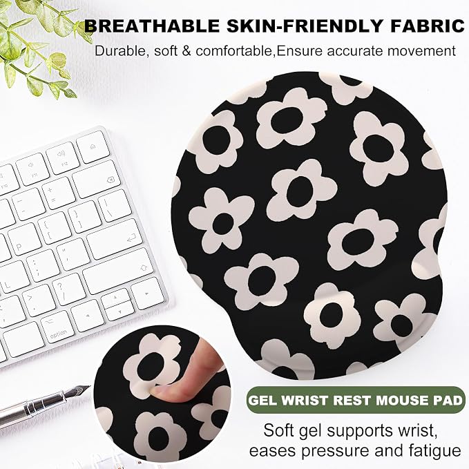 Cute White Flowers Mouse Pad with Gel Wrist Support, Smooth Surface Ergonomic Mouse pad, Non-Slip Pain Relief Desk Mat for Gaming, Work & Office Desktop