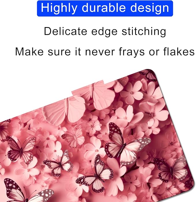 Pink Butterfly Mouse Pad Desk Mat Large Mouse Pads Desk Pad Computer pad | Stitched Edges Rubber Non-slip Girls Office Study Gaming XL Long Extended for Keyboard Laptop PC