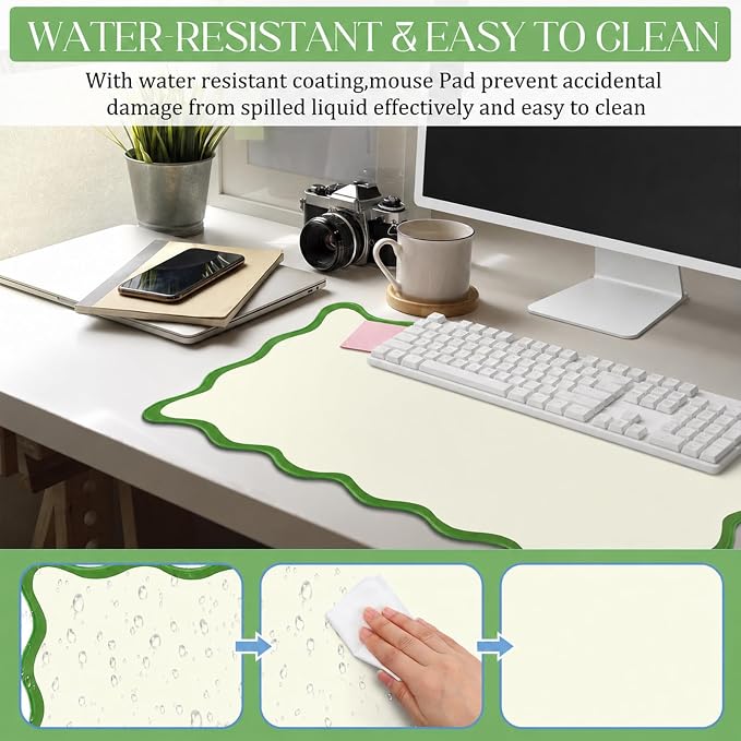 Hahafelt Scalloped Desk Mat Waterproof,Green,31.5 X 15.8 Inches | Coquette Preppy Style for School Office Makeup Vanity, Nonslip Gaming Desktop Protector with Scalloped Stitched Edge Mat