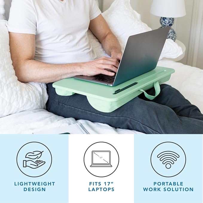 LAPGEAR The Original Lap Desk – Sage Green, Fits 17" Laptops | Microbead Cushion, Device Ledge, Built-In Pencil Tray, Carry Handle