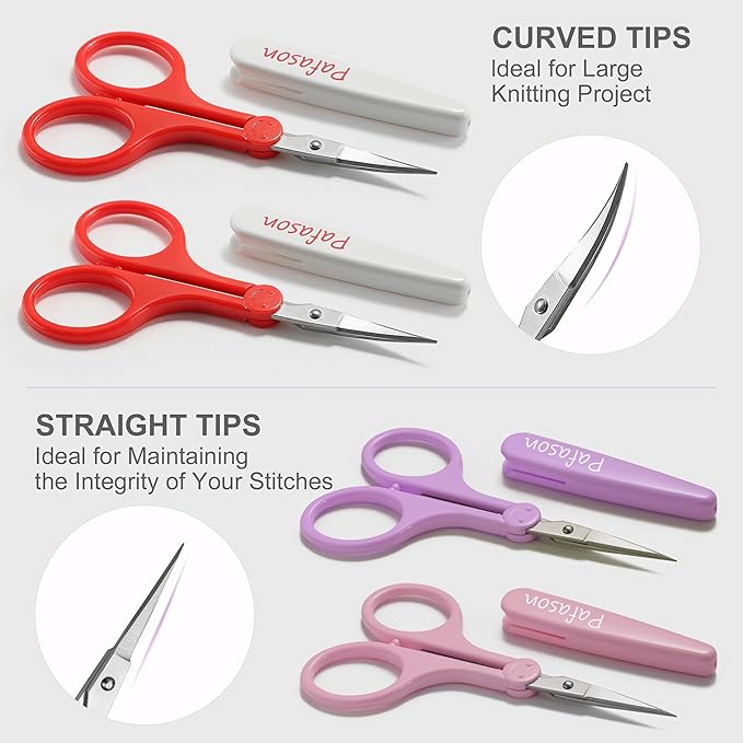 PAFASON Sharp Point Craft Scissor Set 4 PC Straight Curved for Scrapbooking Quilting DIY Sewing Knitting Embroidery Cross Stitch Crochet Thread Yarn Paper Detail Cutting Stainless Steel Safety Case