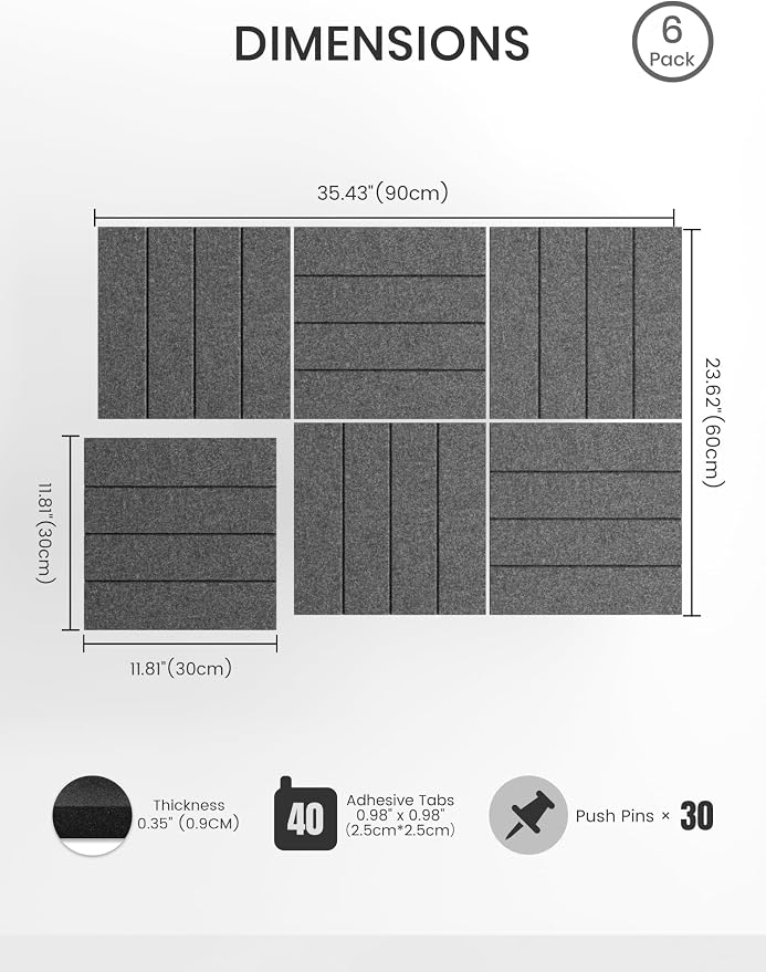 Bumusty 36" x 24" Large Cork Board Alternative, Charcoal Gray | 6-Pack Felt Bulletin Board Tiles, 60 Adhesive Tabs, 30 Pushpins, Home, Office, Classroom, Vision Board