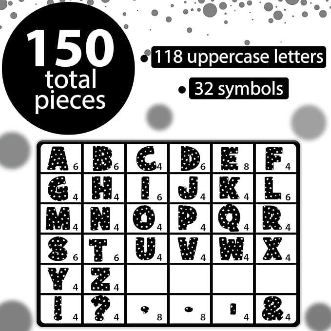 Qyeahkj 150 PCS Large 7" Font Bulletin Board Letters Punctuation Cutouts Combo Black Letters with White Polka Dots Border Decor Classroom Alphabet Poster for Bulletin Board Display Home School Wall