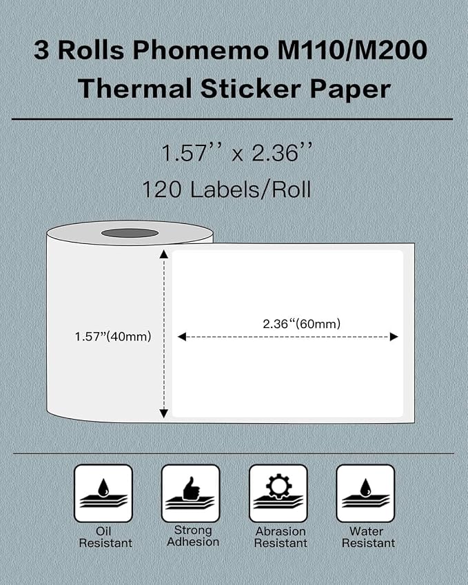 Phomemo Labels 3 Rolls, 1.57''x2.36'', Use for M110/M100/M220/M108, 340 PCS | Square 40x60mm Waterproof Thermal Sticker Use for Barcode, Logo,Listing, Business, Home,Organization, Office, White
