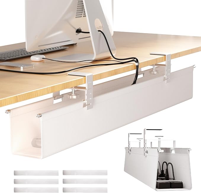 [Upgraded] Large Under Desk Cable Management Tray, Cinati Cable Management Under Desk No Drill, 28.4" Fabric Cord Hider for Wire Organizer, Cord Organizer for Office, Home - Supports Up to 30lbs White