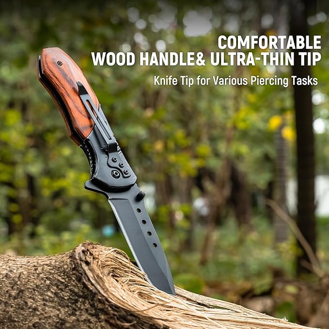 Pocket Knife for Men - Sharp Blade Wood Handle Pocket Folding Knives with Clip, Glass Breaker - EDC Knives for Survival Camping Hunting Fishing Hiking Women, Large, Black