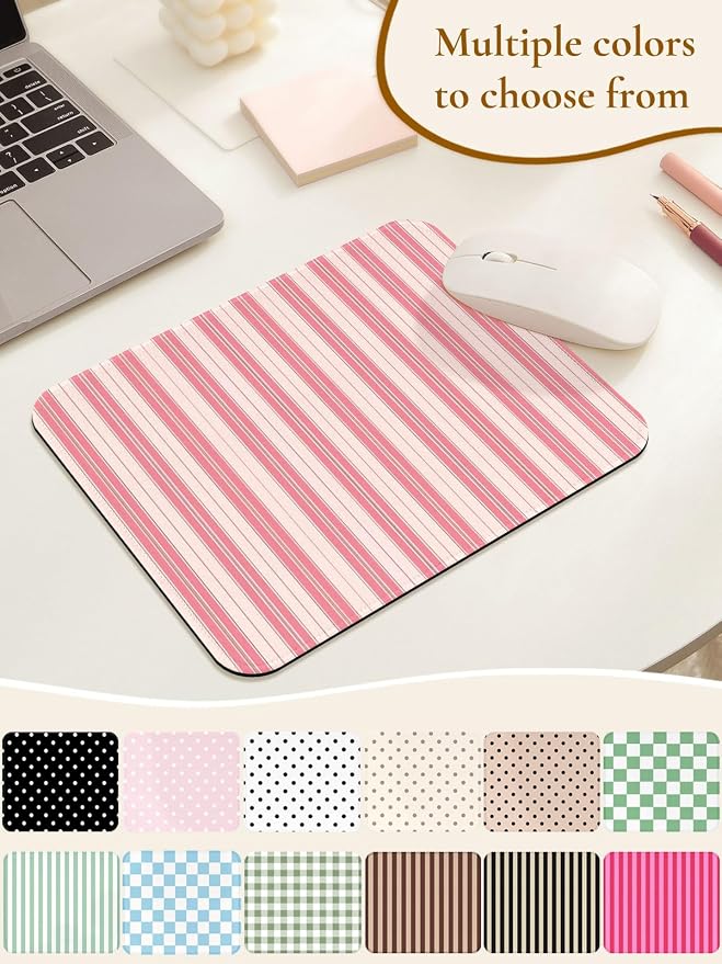 Square Cute Striped Mouse Pad with Stitched Edge, Premium Waterproof Cloth Aesthetic Small Stripe Mouse Mat, Non-Slip Rubber Base Funny Mousepad Desk Accessories,Striped Light Pink