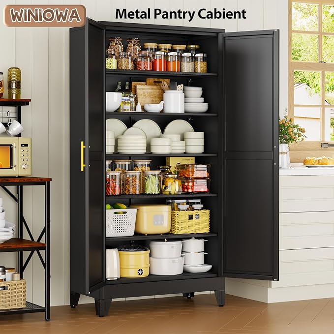 78.7" Tall Metal Pantry Cabinet, Freestanding Kitchen Storage Cabinet | with 2 Doors and 5 Adjustable Shelves, Versatile Storage Cupboard for Kitchen, Laundry, Dining & Utility Room, Black