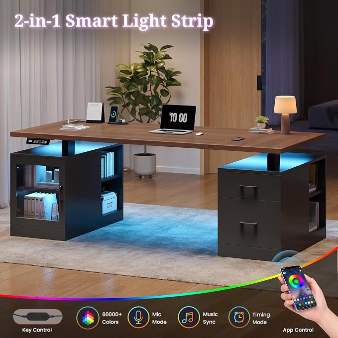 71 in Executive Standing Desk, Electric Height Adjustable Desk with Storage Drawers, Glass Cabinet, Shelves, Power Outlet, LED Light, Wood Sit Stand up Computer Desks for Home Office (Black)