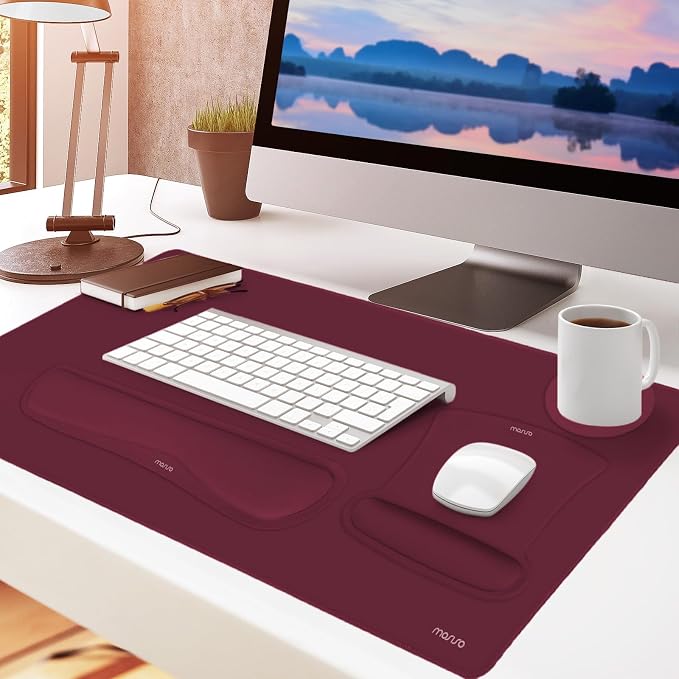 MOSISO Keyboard Mouse Pad Set, Large Gaming Mousepad&Keyboard Wrist Rest | Mouse Wrist Rest&Coaster, Ergonomic Non-Slip Mousepad&Easy Typing Cushion with Memory Foam for Home Office, Wine Red