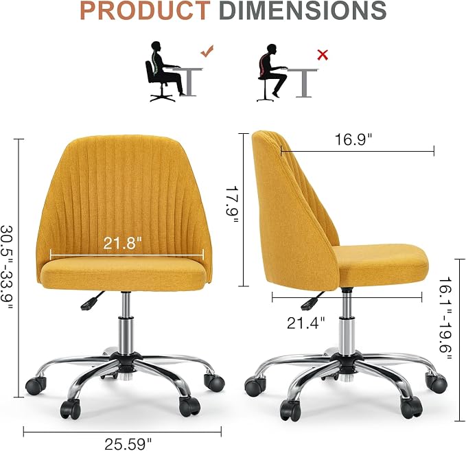 DUMOS Comfy Office Desk Chair, Armless Computer Vanity Chair | Height Adjustable, 360° Rolling Swivel Task with Wheels, Wide Seat, Cute, Home Bedroom, Student, Adults, Dark Yellow